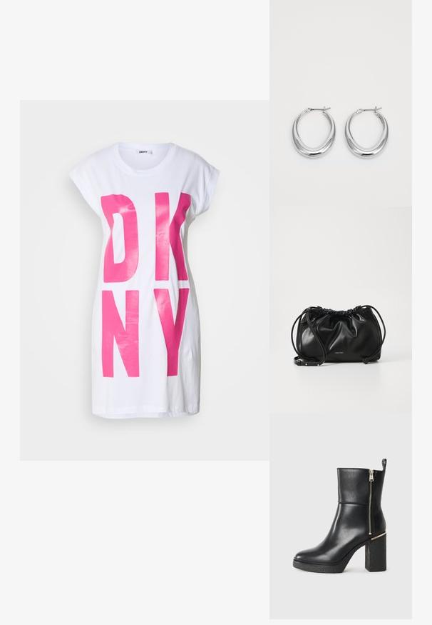 Hvit oversized T-skjorte med store, blanke rosa "DKNY" bokstaver. Korte ermer og avslappet passform, laget av myk bomullsmateriale.; Sorte ankelstøvler laget av glatt skinn, med glidelås på siden og en teksturert blokkhelt. Slip-on design med rund tå.; Svart lærveske med samlet design, dobbel snoråpning og avtagbar skulderrem. Har metallisk logodetalj.; Et par polerte sølv halvmåne hoop øredobber med hengselspenner på hvit bakgrunn.