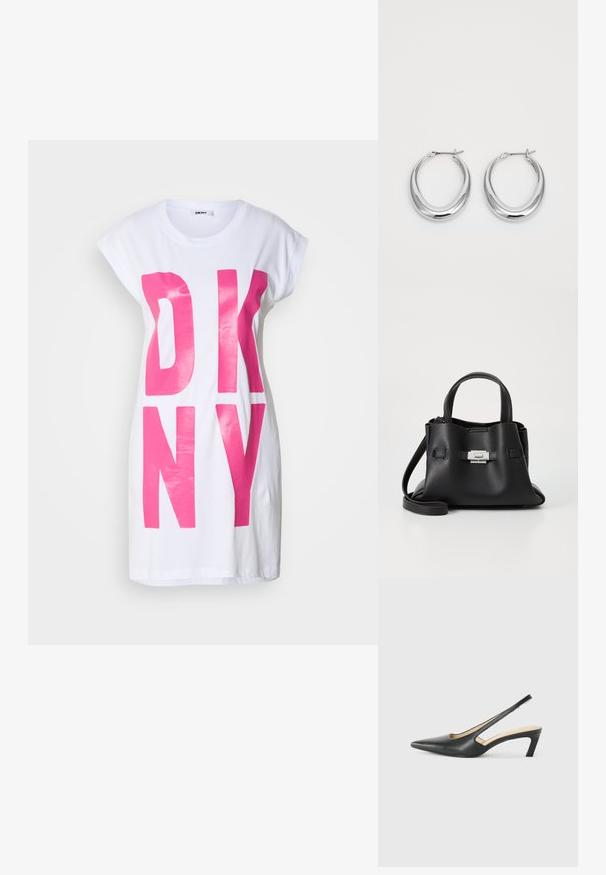Hvit oversized T-skjorte med store, blanke rosa "DKNY" bokstaver. Korte ermer og avslappet passform, laget av myk bomullsmateriale.; Svart spiss tå slingback-sko med lav hæl, laget av jevnt skinnmateriale og med utskåret design på siden for pusteevne.; Svart skinnveske med teksturert overflate, som har to håndtak på toppen, en avtagbar skulderrem og detaljer med sølvspenne.; Et par polerte sølv halvmåne hoop øredobber med hengselspenner på hvit bakgrunn.