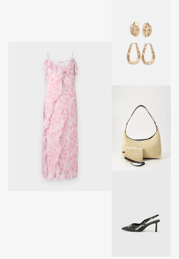 Rochie maxi floral roz deschis, cu bretele subțiri, accente volăle de-a lungul gulerului și pe laterale, material ușor, design fluid.; Pantofii slingback din piele lăcuită neagră, cu vârf ascuțit, bretele pentru gleznă cu catarame și accesorii din argint, și un toc subțire.; Geantă din paie țesută, cu o siluetă curbată, având o curea din piele neagră netedă și un plic mic asortat, atașat printr-un breloc pentru încheietură.; Cercei aurii cu forme texturate și ondulate. Include studs sculpturale cu clip și un design de cerc deschis cu un finisaj cioplit.