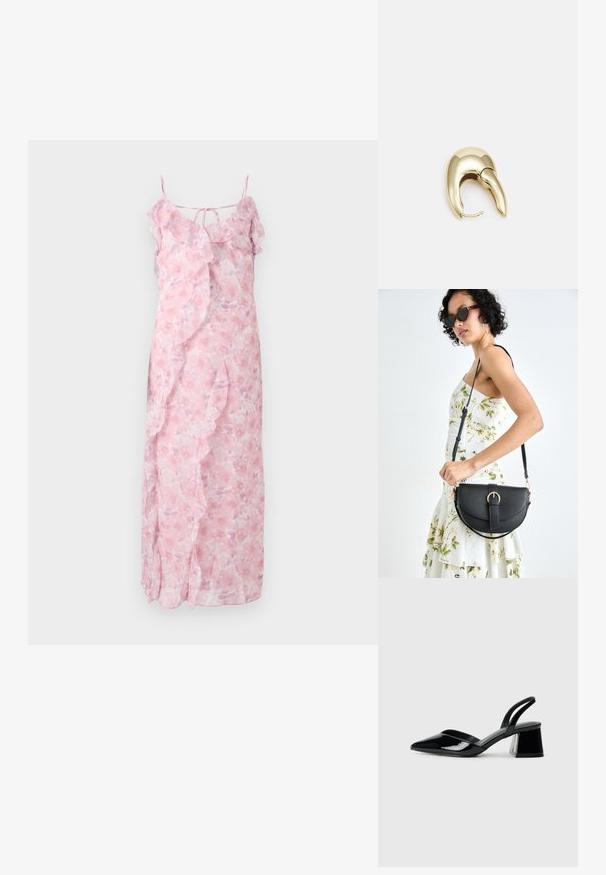 Vaaleanpunainen kukallinen maksimekko, jossa on spagettiolkaimet, röyhelökoristeet kaula-aukossa ja sivuilla, kevyttä kangasta, virtaava muotoilu.; Mustat patentoitu nahkakengät, joissa on säären takaosa ja terävä kärki, sekä geometrinen palikkakorko. Sisältää tyylikkään, minimalistisen muotoilun ja sileän pinnan.; Musta nahkainen käsilaukku, joka on kaareva muotoilultaan, irrotettavalla hihnalla ja kultaisilla yksityiskohdilla. Laukussa on läppä, jossa on solk yksityiskohta.; Kultahipuinen korvakoru, jossa on sulavalinjainen, kaareva muotoilu. Ominaisuuksiin kuuluu erottuva terävä muoto, kiillotettu pinta ja sarana kiinnitys.