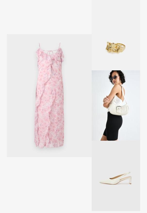 Lys rosa, blomstrete maxikjole med spaghetti-stropper, volanger langs utringningen og sidene, lett stoff og svaiende design.; Hvit patentlær slingback-sko med spiss tå og lav blokkheel. Har en diskret stropp med detalj i gulltone.; Hvit lær håndveske med en buet form, justerbar stropp og en liten spenne-detalj. Modellen har på seg en tettsittende svart antrekk.; Gullring med teksturert, bølgete design som har tre fremtredende topper. Glatt, blank overflate med åpen ring for justerbar passform.