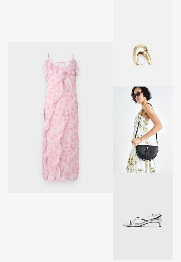 Svetloružové kvetinové maxi šaty s tenkými ramienkami, volánovými detailmi pozdĺž výstrihu a strán, ľahký materiál, splývavý strih.; Strieborné metalické sandále na podpätku s nízkym podpätkom, s krížovými remienkami a hladkým povrchom. Minimalistický dizajn.; Čierna kožená kabelka s zaobleným tvarom, odnímateľným popruhom a zlatými doplnkami. Kabelka má klopu s detailom s prackou.; Náušnice z kovu v zlatej farbe s elegantným, zakriveným dizajnom. Majú charakteristický špicatý tvar, leštený povrch a uzáver na pánt.