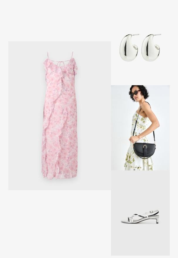 Ljusrosa blommig maxiklänning med spagettiband, volangdetaljer längs halsringningen och sidorna, lättviktsmaterial, flödande design.; Silverfärgad metallisk slingback-sandal med låg klack, som har korsade remmar och en slät yta. Minimalistisk design.; Svart läderhandväska med en böjd form, avtagbar rem och guldiga detaljer. Väskan har ett lock med en spänndetalj.; Silverfärgade metallörhängen med en jämn, rundad tårform och en polerad yta, med en studback för säker användning.