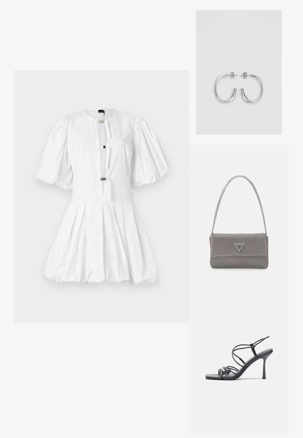Bela obleka z napihnjenimi rokavi in prilegajočim se korzetom ter zgubanim krilom. Ima srebrne zaponke na vratnem izrezu in gladko bombažno teksturo.; Črne visoke sandale na peto imajo tanke naramnice z vozlom, gladek kvadratni toe in eleganten stiletto peto.; Svetlo siva kovinska torbica z verižnim ročajem, okrašena z majhnimi okroglimi kovinskimi bleščicami in trikotnim logotipom blagovne znamke.; Srebrne obročaste uhane z gladko, sijočo površino. Zaobljena oblika, lahka zasnova, z zapiranjem na zatič.