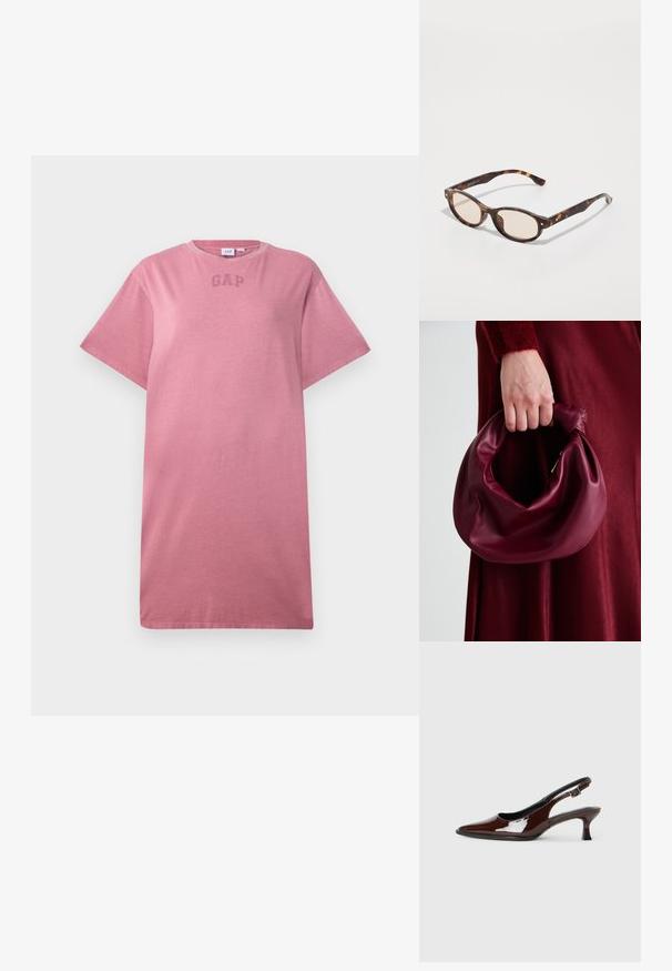 Kratki rukav T-majica u prašnjasto ružičastoj boji, s okruglim izrezom i suptilnim "GAP" logotipom na prsima.; Smeđe patentne kožne cipele s otvorenom petom, špicastim vrhom i umjerenom petom. Imaju remen s kopčom za sigurno pristajanje. Glatka tekstura.; Naocale u obliku sunca s kornjačevinom i okruglim oblikom, laganim lećama. Imaju čvrste ručke s malim zlatnim detaljima, izrađene od plastičnog materijala.; Bordo kožni ruksač s mekim, naboranim dizajnom i zaobljenim oblikom. Ručka je sigurno pričvršćena, pokazujući glatku teksturu.