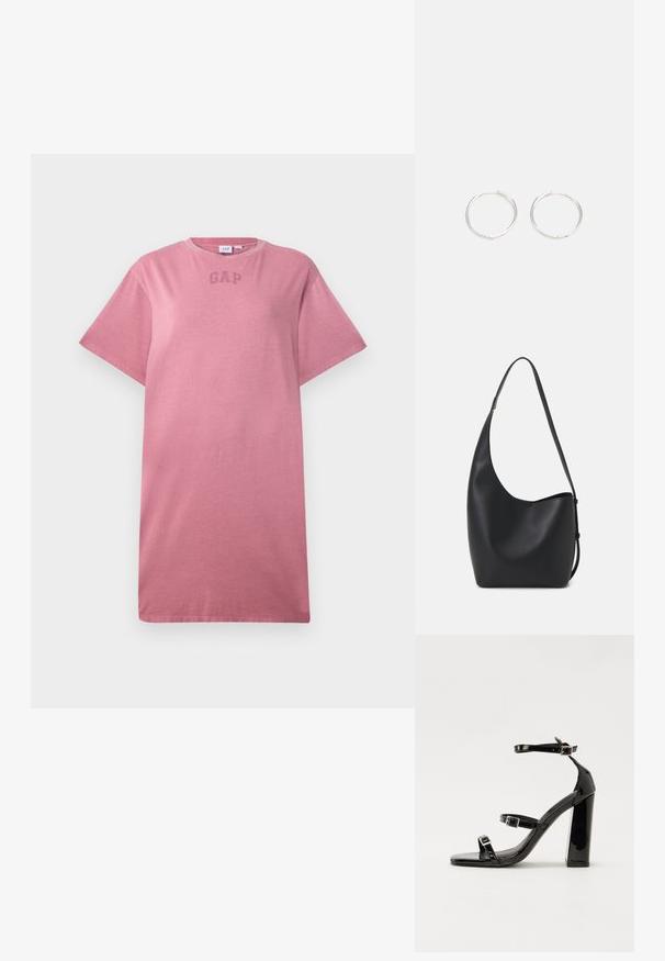 Vienos spalvos dulkėto rožinio trumpomis rankovėmis marškinėliai su apvalia iškirpte ir subtiliu "GAP" logotipu ant krūtinės.; Juoda blizgi lakuota basutė su kvadratiniu pirštu, kulkšnies dirželiais ir sidabro sagtimis. Yra tvirta blokinė kulno konstrukcija, užtikrinanti stabilumą.; Juodas odinis hobo maišas su lygiu paviršiumi, kreipta forma ir viena reguliuojama rankena; turi platų atidarymą viršuje.; Sidabrinės auskarai žiedai su sėslia, apvalia forma, pasižymintys lygia paviršiumi ir be matomų puošmenų. Svoris nenurodytas.