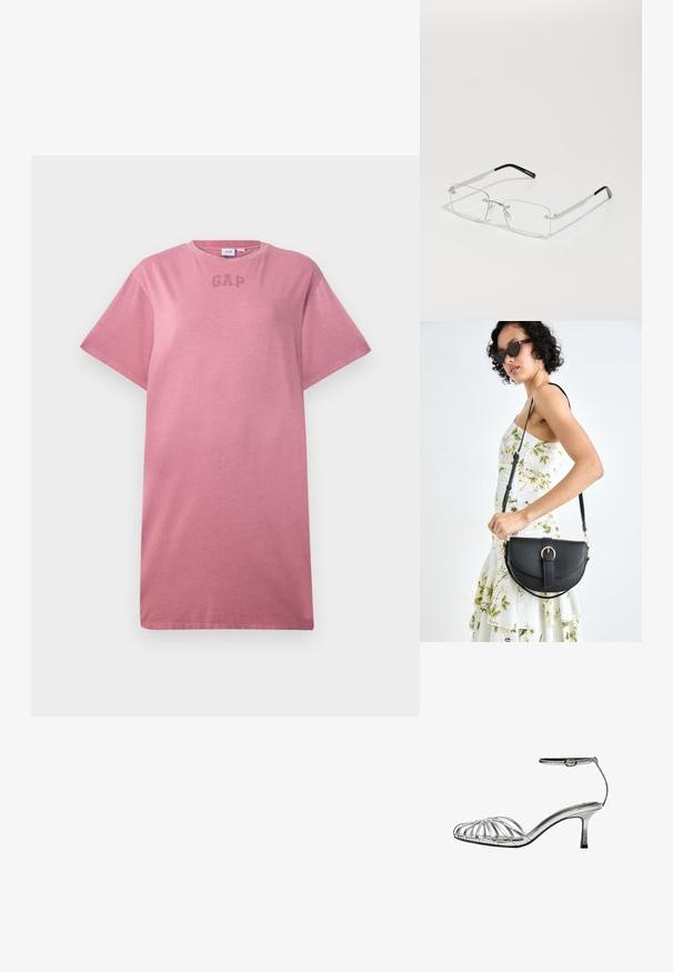 T-shirt rose poussière uni à manches courtes avec un col rond et un logo "GAP" discret sur la poitrine.; Sandale argentée à lanières avec un petit talon, comportant plusieurs lanières croisées, une lanière de cheville avec une boucle, et une texture lisse et brillante.; Lunettes rectangulaires à verres transparents avec une fine monture en métal argenté et des embouts en acétate noir. Présente un matériel minimal pour un design épuré.; Sac à main en cuir noir avec une forme courbée, bandoulière amovible et des accessoires en or. Le sac est doté d'un rabat avec un détail de boucle.