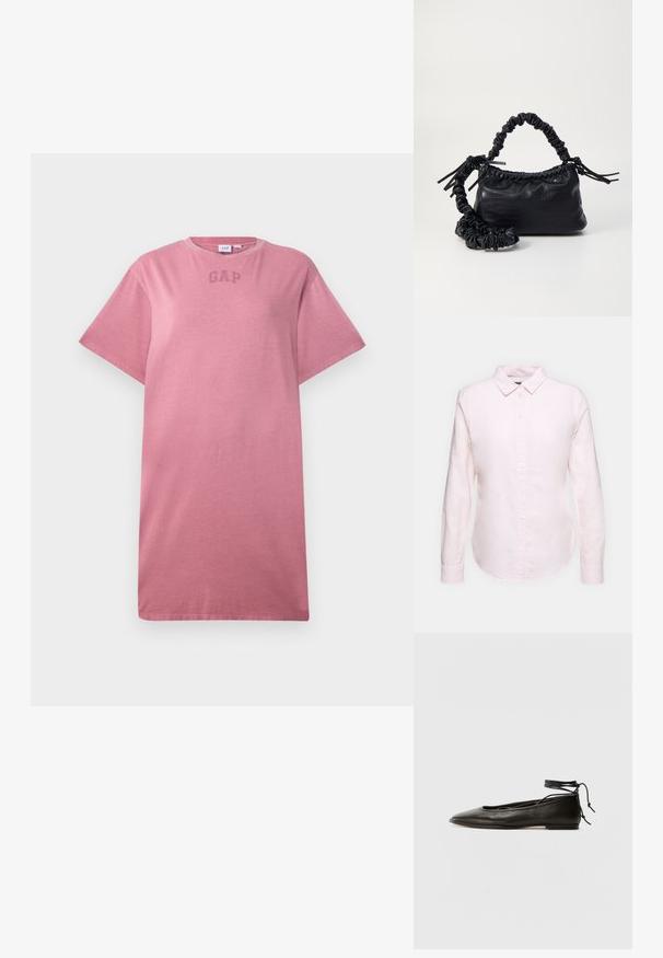 Rosa bomullst-shirt med korta ärmar, rund halsringning och en diskret "GAP"-logotyp tryckt på bröstet. Mjuk textur och avslappnad passform.; Ljusrosa långärmad skjorta med knappkrage, med rak nederkant och mjukt tyg, tillverkad av lätt bomullsmaterial.; Svarta läderballetskor med spetsig tå, ankelsnöre och platt sula, med en slät yta och minimalistisk design.; Svart faux läderhandväska med krokodiltextur, snodd topp och en skrämd rem. Ser mjuk och kompakt ut i designen.