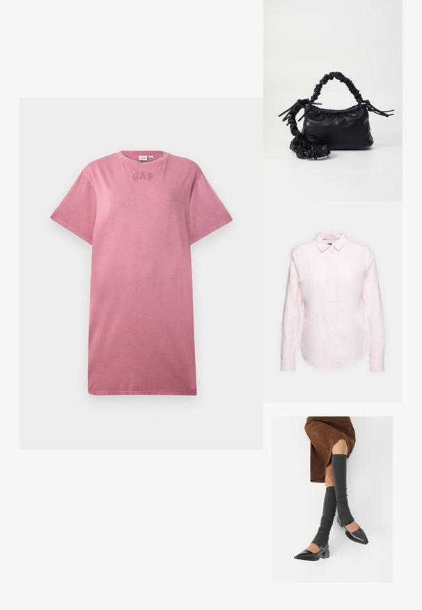 Ružové bavlnené tričko s krátkymi rukávmi, okrúhlym výstrihom a jemným logom "GAP" na hrudníku. Mäkká textúra a voľný strih.; Svetloružová košeľa s dlhým rukávom a golierom na gombíky, s rovno strihaným lemom a jemnou textúrou, vyrobená z ľahkej bavlnenej látky.; Čierne lakované kožené topánky s špicatou špičkou, blokovým podpätkom a členkovým remienkom, ktoré sú kombinované so šedými rebrovanými legínami a hnedou zamšovou sukňou.; Čierna umelá kožená kabelka s kroko vzorom, sťahovaným vrchom a zhnutým popruhom. Vyzerá mäkko a kompaktné v dizajne.