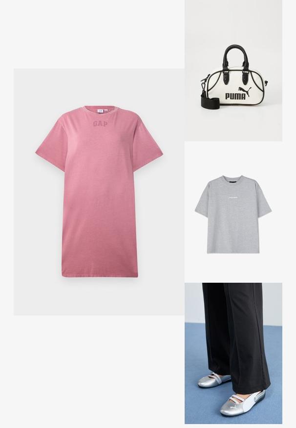 Ružové bavlnené tričko s krátkymi rukávmi, okrúhlym výstrihom a jemným logom "GAP" na hrudníku. Mäkká textúra a voľný strih.; Sivá bavlnená tričká s krátkymi rukávmi, s okrúhlym výstrihom a malým bielym logom "PEGADOR" na prednej strane. Hladká textura, voľný strih.; Strieborné a biele ploché topánky s krížovými remienkami a textúrovanými detailmi, doplnené voľnými čiernymi nohavicami. Umiestnené na modrej podlahe.; Biely kabelka s čiernymi akcentmi, ktorá obsahuje logo Puma. Krátke, zaoblené rúčky a odnímateľný popruh, vyrobená z textúrového syntetického materiálu.