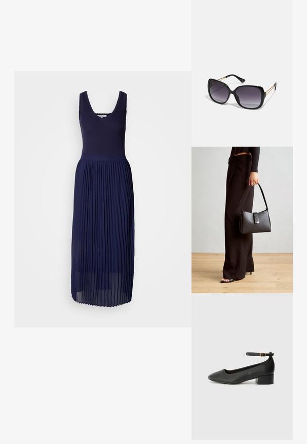 Tumehall sinine kleit ribakujulise kehaosas, V-kaelusega ja volditud, voolava seeliku osaga. Kangas on pehme ning kerge tekstuuriga.; Must mustaapp, millel on terav nina ja madal blokk-kand. Omab pahkluu rihma koos kuldse tooni pandlaga. Sile tekstuur.; Mustad ümarad päikeseglaasid, millel on gradient objektiivid, paksud raamid ja kuldse tooni kettaga kaunistused tempelitel.; Must musta kott, millel on struktureeritud kuju, sile tekstuur ja metallist klamber. Kombineeritud laiate mustade pükstega ja avatud varvaste sandaalidega puidust põrandal.