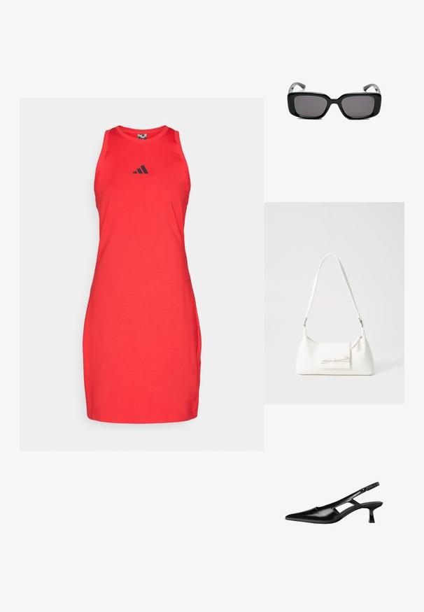 Červené bezramínkové šaty vyrobené z kombinace bavlny. Mají kulatý výstřih a černé logo na hrudi. Hladká textura a přiléhavý střih.; Černé lakované lodičky na podpatku se špičatou špičkou, výřezovým designem na boku a malým čtvercovým podpatkem. Hladká textura s minimálními akcenty.; Černé obdélníkové sluneční brýle s tmavými skly, hladkým plastovým rámem a zakřivenými stranicemi. Design je robustní s minimalistickou estetikou.; Bílá syntetická kabelka v trojúhelníkovém tvaru, s plochým předním klopným víkem a detailem mašle, nastavitelným popruhem, hladkým povrchem a minimalistickým designem.