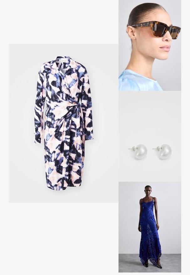 Kvetinové zavinovacie šaty z ľahkej tkaniny; obsahujú dlhé rukávy, viazanie v páse a vzor modrej, ružovej a čiernej farby.; Maxi šaty s potlačou zvieracích vzorov v modrej a fialovej farbe, s tenkými ramienkami, priliehavým telom, rozšíreným lemom a priesvitnými detailmi.; Slnečné okuliare z korytnačieho shellu s robustným, obdĺžnikovým rámom. Tmavé šošovky a zlaté akcenty na stranoch. Hladký, lesklý povrch.; Strieborné perlové náušnice s zakriveným, fazuľovým tvarom. Hladký, lesklý povrch a zabezpečené s kolíkom a zadným uzáverom.
