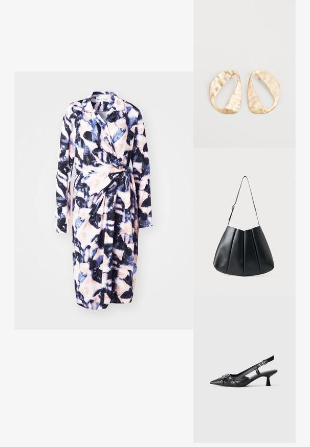 Blumenkleid aus leichtem Stoff; mit langen Ärmeln, einem Gürtel in der Taille und einem Muster aus Blau, Pink und Schwarz.; Schwarzer Leder-Slingback-Schuh mit spitz zulaufender Zehenpartie, dekorativen Riemen mit METALLÖSEN und niedrigem Blockabsatz. Strukturelle Oberfläche.; Schwarze Leder-Umhängetasche mit plissierter Gestaltung, glatter Textur, einem einzelnen Tragegurt und einem dezenten goldenen Hardware-Akzent.; Ein Paar unregelmäßige, oval geformte Ohrringe aus goldfarbenem Metall mit einer strukturierten, leicht gehämmerten Oberfläche auf weißem Hintergrund.