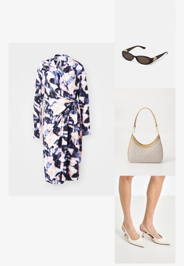 Kwiatowa sukienka w lekkim materiale; posiada długie rękawy, wiązanie w talii oraz wzór w kolorach niebieskim, różowym i czarnym.; Beżowe lakierowane szpilki z odkrytą piętą, zakończone spiczastym noskiem i 5 cm obcasem, z wyciętymi bokami oraz cienkim paskiem na kostce.; Słoneczne okulary w kolorze żółwi z wydłużonymi owalnymi soczewkami, brązowym odcieniem, złotymi akcentami logo na zausznikach oraz smukłymi czarnymi ramionami.; Beżowa torebka w wzory o zakrzywionym kształcie, z skórzanymi akcentami i złotym logo z przodu. Posiada krótki uchwyt, co ułatwia noszenie.