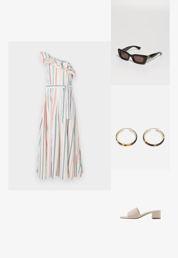 Črtasta obleka z enim ramenom in volanastim ovratnikom, z navpičnimi črtami v pastelnih barvah, zategnjen pas z usklajenim pasom in tekoča krila.; Beige sandala na blok peti s širokim trakama i otvorenim prstima. Glatki materijal i elegantan dizajn. Kratka, čvrsta potpetica za stabilnost.; Črne želvje sončne očala s pravokotnimi lečami, rjavim odtenkom, debelim okvirjem in zlatim dvojnega G logotipom na obročku.; Zlato-tonirane obročeve uhane s zunanjim robom iz smole s školjčnim vzorcem, ki se ponašajo z gladko površino in elegantno, krožno obliko.
