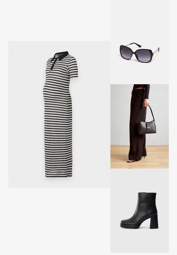 Vestido de maternidade às riscas em preto e branco, com colarinho polo e mangas curtas, apresentando uma silhueta ajustada e tecido texturizado.; Bota de couro preta até ao tornozelo com salto bloco e sola com plataforma, vista de lado sobre um fundo branco liso.; Óculos de sol oversized pretos com lentes degradê, armações grossas e detalhes em corrente dourada nas hastes.; Bolsa preta com forma estruturada, textura suave e um fecho metálico. Combinada com calças largas pretas e sandálias de salto aberto sobre um chão de madeira.