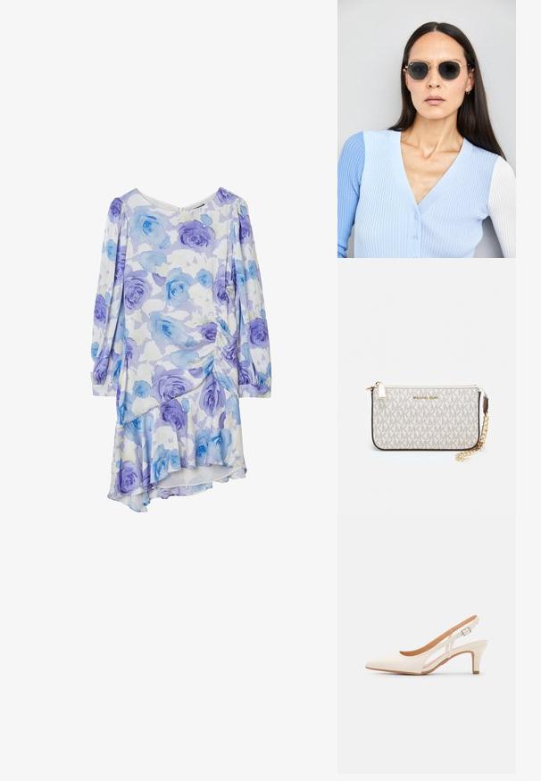 Robe fleurie en tissu léger, avec un motif de roses bleu pastel et violettes, à manches longues, col rond et ourlet froncé.; Talons aiguilles blanches à bride arrière avec un bout pointu, un dessus lisse, un petit talon carré et un design avec découpes latérales et sangle réglable.; Lunettes de soleil rondes avec verres sombres et monture en or. Le modèle porte un cardigan à côtes bleu clair avec des boutons et des manches blanches contrastantes.; Porte-monnaie Michael Kors en toile enduite beige avec un motif répété de logo MK, des accessoires en or et une bandoulière en chaîne amovible.