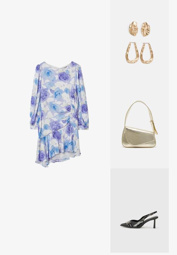 Robe fleurie en tissu léger, avec un motif de roses bleu pastel et violettes, à manches longues, col rond et ourlet froncé.; Chaussure slingback en cuir verni noir avec un embout pointu, des brides de cheville avec des boucles en argent et des éléments en métal, et un talon fin.; Sac à main en métal doré avec un design structuré, texture lisse et bandoulière ajustable. Présente une forme triangulaire unique et des coutures minimalistes.; Boucles d'oreilles dorées présentant des formes texturées et ondulées. Comprend des clips sculpturaux et un design de créoles ouvertes avec une finition martelée.