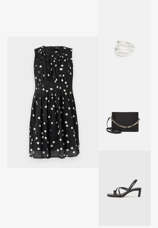 Juoda be rankovių suknelė su baltais taškeliais, turinti raukinukus ir prigludusią juosmenį. Pagaminta iš lengvos medžiagos su lygiu paviršiumi.; Juodi šlepetės su kvadratiniu pirštu ir žemu bloku kulnu. Yra keli ploni dirželiai ir reguliuojamas kulkšnies diržas. Pagaminti iš lygios odos.; Juodas odinis per petį nešiojamas krepšys turi lygų paviršių, stačiakampio formą ir metalinę grandinėlę priekyje. Pridedama reguliuojama dirželis.; Sidabrinis dvigubas žiedas su lygiu, poliruotu paviršiumi. Pasižymi sklandžiu, kreiptu dizainu su persipinančiomis dalimis, suteikiančiomis modernų išvaizdą.