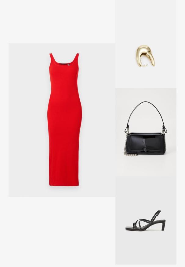 Červené maxi šaty s žebrovaným vzorem, se zakulaceným výstřihem a bez rukávů. Hladká tkanina sahá až k kotníkům a poskytuje přiléhavý siluetu.; Černé sandály na tenkém podpatku se čtveratou špičkou a nízkým blokovým podpatkem. Mají několik tenkých popruhů a nastavitelné zapínání okolo kotníku. Vyrobeny z hladké kůže.; Černá lakovaná kožená kabelka obdélníkového tvaru, řetízkový popruh a výrazné kovové zdobení uprostřed. Hladká textura.; Náušnice ve zlatém tónu z kovu s elegantním zakřiveným designem. Vyznačují se jedinečným špičatým tvarem, lesklým povrchem a závěsem na kloub.