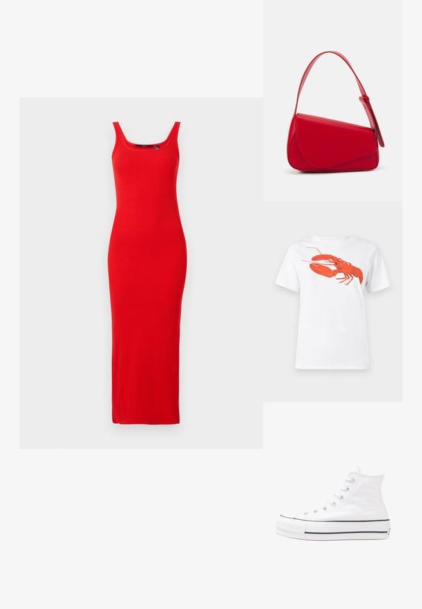 Rochie maxi roșie cu dungi, cu decolteu rotund și fără mâneci. Materialul neted se extinde până la glezne, oferind o siluetă ajustată.; Tricou alb din bumbac, cu un grafic mare, viu colorat de homar roșu pe față. Mâneci scurte și un guler standard de tip crew neck.; Adidași albi tip pantofi sport cu glezna din pânză, cu talpă din cauciuc negru, capac de vârf din cauciuc frontal și șase ochiuri pentru șireturi, având un design curat și minimalist.; Geantă de mână din piele roșie, cu un design unghiular și geometric. Dispune de o singură curea ajustabilă și un sistem de închidere cu clapetă, cu detalii cusute.