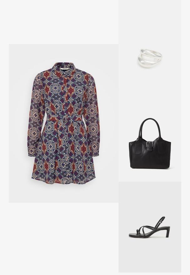 Krekliņa kleita ar krāsainu ģeometrisku rakstu sarkanā, zilā un krēmkrāsā, ar jostotu vidukli un garām piedurknēm. Izgatavota no viegla auduma.; Melnas strappy sandales ar kvadrātveida purngaliem un zemu bloku papēdi. Ievērojamas ar vairākiem plāniem siksniņām un regulējamu potītes siksniņu. Izgatavotas no gludas ādas.; Melnas ādas somiņa ar gludu tekstūru, strukturētu formu, divām rokturām un izteiktu sudraba sprādzi priekšpusē.; Sudraba divu joslu gredzens ar gludu, pulētu virsmu. Iezīmējas ar plūstošu, izliekta dizaina struktūru ar pārklājošām sekcijām modernam izskatam.