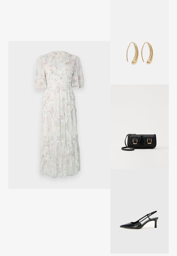 Maxi dress in sheer white fabric with pastel floral pattern, ruffled layers, and puff sleeves. Features a fitted waist and back zip closure.; Black patent slingback heel with a pointed toe, featuring textured snake print, adjustable strap, and a short, textured block heel.; Black leather crossbody bag with two front pockets, gold buckles, zipper closure, and a slim strap. Textured surface and compact rectangular shape.; Gold-tone metal hoop earrings with a curved, elongated shape. Features a smooth, shiny surface and a rounded tip for added detail.