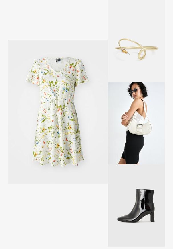Cvetna obleka z V-izrezom, kratkimi rokavi in pasom na vezanje. Ima belo podlago z zelenimi, rumenimi, rdečimi in modrimi cvetličnimi vzorci.; Črne lakirane gležnjarje z ošiljenim nosom in srednje visokim blokastim peto. Gladka tekstura in minimalističen dizajn.; Bela usnjena torbica s ukrivljeno obliko, nastavljivim trakom in majhnim detajlom s sponko. Model nosi oprijet črno obleko.; Zlato obarvan kovinski zapestnica s tekočim, ukrivljenim dizajnom. Ima majhen, izstopajoč srebrn poudarek na enem koncu.