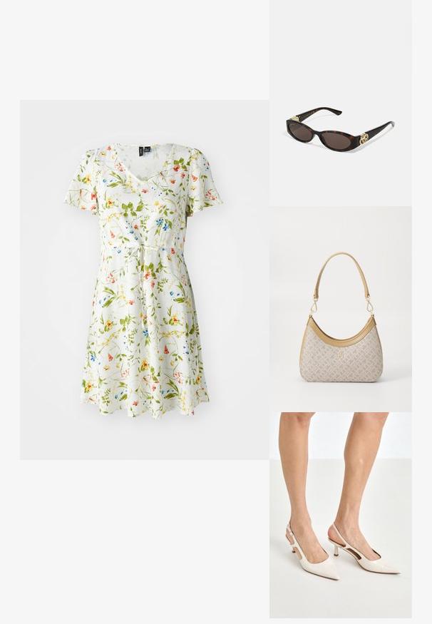 Blumenkleid mit V-Ausschnitt, kurzen Ärmeln und einem Bindeband in der Taille. Hat einen weißen Hintergrund mit grünen, gelben, roten und blauen Blumenmustern.; Beige Lackleder Slingback-Absätze mit spitzem Fuß und 5 cm Absatz, mit ausgeschnittenen Seiten und einem schmalen Knöchelriemen.; Schildpatt-Sonnenbrille mit länglich-ovalen Gläsern, braunem Farbton, goldenen Logo-Akzenten an den Bügeln und schlanken schwarzen Bügeln.; Beige gemusterte Handtasche mit geschwungener Form, Lederakzenten und einem goldfarbenen Logo auf der Vorderseite. Verfügt über einen kurzen Griff für einfaches Tragen.; Perlen- und Kristallhalskette mit einem runden, perlenbesetzten Design in sanften Farbtönen, das abwechselnd Perlen und funkelnde Akzente zeigt, um den Hals getragen.