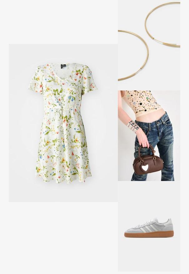Kvetinové šaty s výstrihom do V, krátkymi rukávmi a stiahnutím v páse. Majú biely podklad s kvetinovými vzormi v zelenej, žltej, červenej a modrej farbe.; Svetlo šedé semišové tenisky s bielymi koženými akcentmi, tromi bielymi pruhmi a hnedou gumovou podrážkou, s polstrovaným golierom pre pohodlie.; Hnedá kožená kabelka s akcentom v tvare srdca, zaoblený dizajn, zlaté kovania, držaná v ruke; skombinovaná s poškodenými džínsami a korálkovým topom.; Zlaté kruhové náušnice, tenké a okrúhleho tvaru, s hladkým kovovým povrchom a bez ozdôb alebo vzorov.