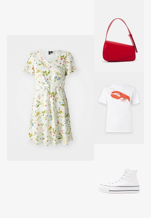 Blomstrete kjole med v-hals, korte ermer og belte i midjen. Har en hvit bakgrunn med grønne, gule, røde og blå blomster mønstre.; Hvit bomull t-skjorte med et stort, lyst rødt hummermotiv på fronten. Korte ermer og standard rund hals-design.; Hvit høy-skinn kanvas sneakers med svart gummisåle, gummitåhette foran og seks hull for snorer, med et rent, minimalistisk design.; Rød lærveske med en vinklet, geometrisk design. Har en enkelt justerbar stropp og en klaffelukking med sydd detaljer.