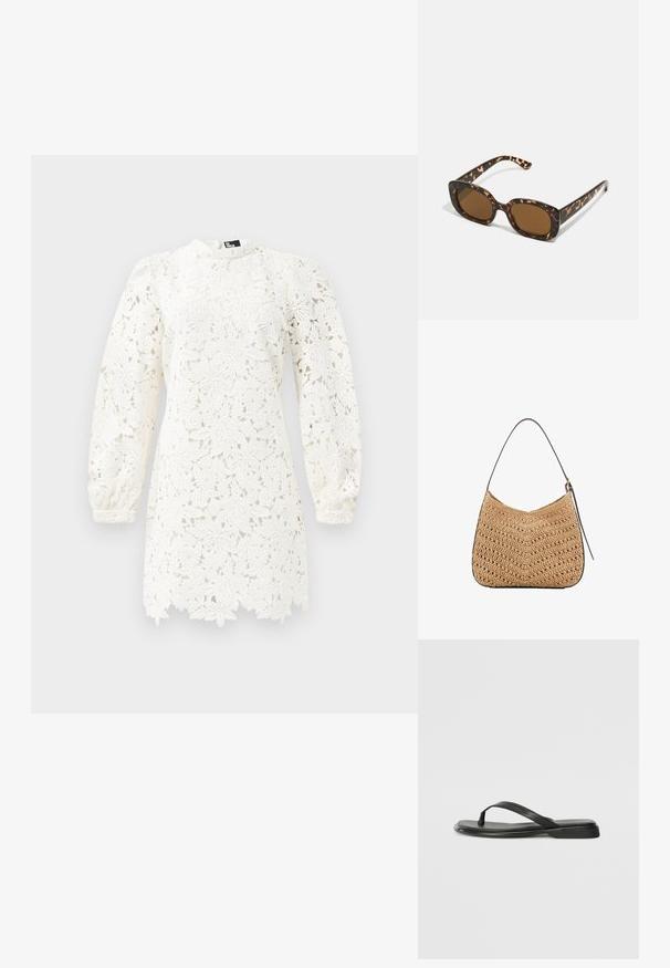 Biele krajkové šaty s kvetinovými vzormi, dlhými pufovanými rukávmi, vysokým výstrihom a jagged lemom pre dodatočný detail.; Čierne šľapky vyrobené z hladkej kože, s tenkým pásikom a plochou podrážkou s minimalistickým profilom. Bez výrazných vzorov alebo akcentov.; Slnečné okuliare v tortoiseshell štýle s okrúhlym, robustným rámom a hnedými šošovkami. Má jemné vzory a rovné, zoštíhlené ramená.; Tkaná slamenná ramenná taška s zakriveným tvarom, vybavená tmavou koženou rukoväťou a textúrovaným povrchom s vzorom v tvare chevron.