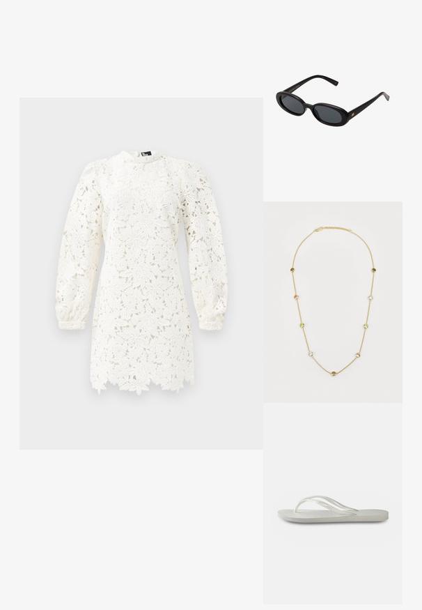 Abito bianco in pizzo con motivi floreali, maniche a sbuffo lunghe, colletto alto e orlo scalloppato per un tocco di eleganza.; Infradito bianchi con suola testurizzata, caratterizzate da cinghie sottili e design piatto. Realizzate in gomma con un logo sottile sulla soletta.; Occhiali da sole neri oversize con lenti ovali, montatura in plastica liscia e accenti dorati sulle tempie. Le lenti scure offrono protezione dal sole.; Collana in oro con catena, caratterizzata da gemme alternate di verde chiaro, rosa e trasparente. Ogni gemma è incastonata in una montatura circolare.