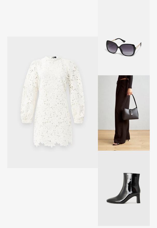 Abito bianco in pizzo con motivi floreali, maniche a sbuffo lunghe, colletto alto e orlo scalloppato per un tocco di eleganza.; Stivaletto in pelle verniciata nera con punta a punta e tacco a blocco di altezza media. Texture liscia e design minimalista.; Occhiali da sole neri oversize con lenti sfumate, montatura spessa e dettagli in catena dorata sulle astine.; Borsa nera con forma strutturata, texture liscia e una chiusura metallica. Abbinata a pantaloni neri larghi e sandali open-toe su un pavimento in legno.