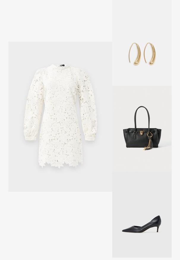 White lace dress featuring floral patterns, long puff sleeves, a high neckline, and a scalloped hem for added detail.; Black leather pump with a pointed toe and low heel. Features a smooth texture and subtle sheen. Open cut at the front for added detail.; Black leather handbag with double handles, gold lock and chain detail, and black-and-white tassel accessory against white background.; Gold-tone metal hoop earrings with a curved, elongated shape. Features a smooth, shiny surface and a rounded tip for added detail.
