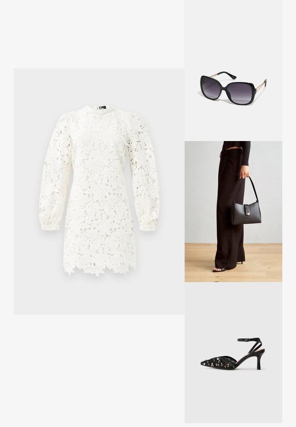 White lace dress featuring floral patterns, long puff sleeves, a high neckline, and a scalloped hem for added detail.; Black mid-heel shoe with pointed toe, adorned with black and silver sequins, featuring a thin ankle strap with a buckle.; Black oversized sunglasses with gradient lenses, thick frames, and gold-tone chain detailing on the temple arms.; Black handbag with structured shape, smooth texture, and a metallic clasp. Paired with wide black pants and open-toe sandals on wooden floor.