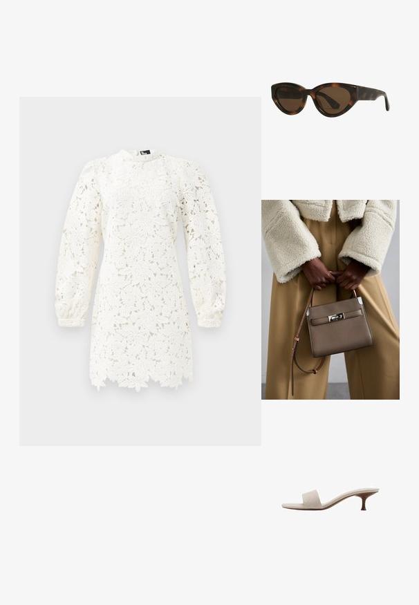 White lace dress featuring floral patterns, long puff sleeves, a high neckline, and a scalloped hem for added detail.; Heel-less sandal with a beige woven fabric upper, open toe, and curved wooden midsole. The design features a smooth texture and minimalist shape.; Tortoiseshell cat-eye sunglasses with brown lenses, featuring smooth, glossy plastic frames and a sleek design. No visible logos or accents.; Tory Burch RADZIWILL COLOR-BLOCK PEBBLED PETITE DOUBLE BAG - Handbag - wild mushroom