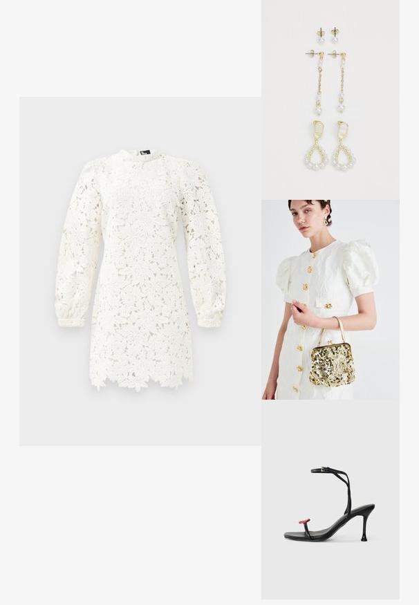 Biała koronkowa sukienka z floralnymi wzorami, długimi bufkami, wysokim dekoltem i falbaniastego wykończeniem dla dodatkowego akcentu.; Czarny sandał na obcasie z cienkim zapięciem na kostce i czerwoną akcentem na palcach. Charakteryzuje się smukłym wzornictwem i błyszczącym wykończeniem oraz szpilką.; Biała sukienka z bufiastymi rękawami, ozdobiona kwiatowymi detalami i złotymi akcentami, połączona ze złotą torebką z cekinów, mającą vintage zapięcie.; Złote kolczyki z dwoma projektami kropli perłowych. Jedna para ma zapięcia typu stud, a druga ma długą formę z łańcuchem i dodatkowymi perłami.