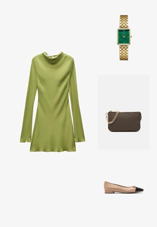 Mango SEMARTIN khaki; Beżowy skórzany balet flat z czarnym noskiem i małą kokardką z przodu, z niskim obcasem blokowym dla wsparcia.; Brązowa skórzana torebka na ramię z wzorem logo, złotym łańcuszkiem na pasku, zapięciem na zamek błyskawiczny oraz złotymi akcentami. Kompaktowy i prostokątny kształt.; Złoty zegarek metalowy z prostokątną tarczą z zieloną marmurową wskazówką. Ośmiokątna ramka i bransoleta z ogniwami.; Złocone pierścionki o gładkich, zaokrąglonych kształtach splatające się ze sobą. Wysoki połysk z refleksyjną powierzchnią, ukazujący bezszwowy design.