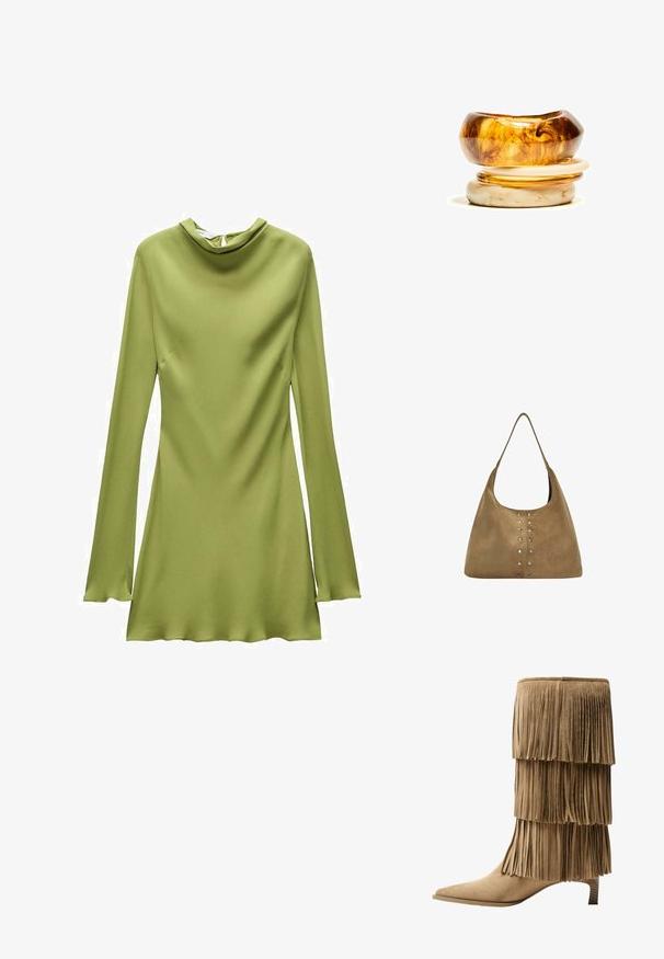 Mango Denné šaty - khaki; Krajkové členkové topánky z hnedej semišovej kože s tromi vrstvami franje. Špicatá špička a nízky blokový podpätok. Hladká štruktúra po celej ploche.; Semišová taška na rameno v béžovej farbe s uvoľneným dizajnom, s kovovými nitmi pozdĺž prednej časti pre detail a jedným širokým popruhom.; Hromada dvoch prsteňov; vrchný je jantárový so zákrutami a spodný je svetlo béžový; oba sú hladké a lesklé z živice.