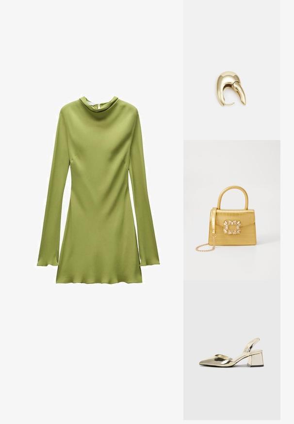 Mango Jurk - khaki; Gouden, metalen slingback hakken met een spitse neus en een chunky hak. Glad oppervlak, minimalistisch ontwerp en een smalle band.; Geel faux-krokodillenhandtas met een gestructureerd ontwerp, bovenhandvat, afneembare kettingriem en decoratieve kristallen versiering op de sluiting.; Gouden metalen oorbel met een slank, gebogen ontwerp. Beschikt over een kenmerkende puntige vorm, gepolijste oppervlakte en scharnier sluiting.