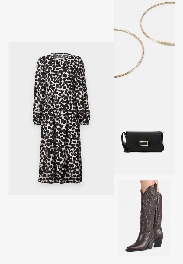Šaty s dlhým rukávom v čiernobielom leopardom vzore, s vysokým golierom a zberaným pásom pre uvoľnený siluetu.; Hnedé kožené kovbojské topánky s špicatou špičkou a blokovým podrážkou, so zložitým prešívaním a vyvýšenými akcentmi na puzdre.; Čierna kožená clutch taška s klopou a zlatým kovovým detailom s prackou. Obsahuje čierny remienok a elegantný, minimalistický dizajn.; Zlaté kruhové náušnice, tenké a okrúhleho tvaru, s hladkým kovovým povrchom a bez ozdôb alebo vzorov.