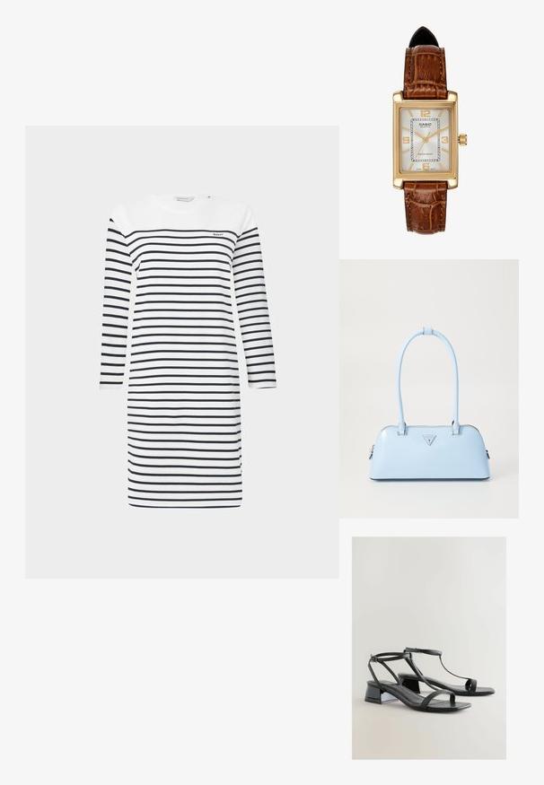 Pruhované šaty v bielej a námorníckej modrej farbe, s dlhými rukávmi, okrúhlym výstrihom a dĺžkou po kolená; na hornej ľavej strane majú nenápadné logo.; Čierne sandále na opätku s elegantným lakovaným povrchom, štíhlymi pásikmi, dizajnom T-pásiku a nízkym blokovým opätkom pre stabilitu.; Svetlomodrá kabelka so štruktúrovaným tvarom, vyrobená z hladkej kože, s dvoma uchami a trojuholníkovým logom značky na prednej strane. Zapínanie na zips.; Casio quartz hodinky s obdĺžnikovým zlatým puzdrom, bielym ciferníkom, zlatými hodinovými značkami a hnedým koženým remienkom s krokodílim vzorom. Vodotesné.