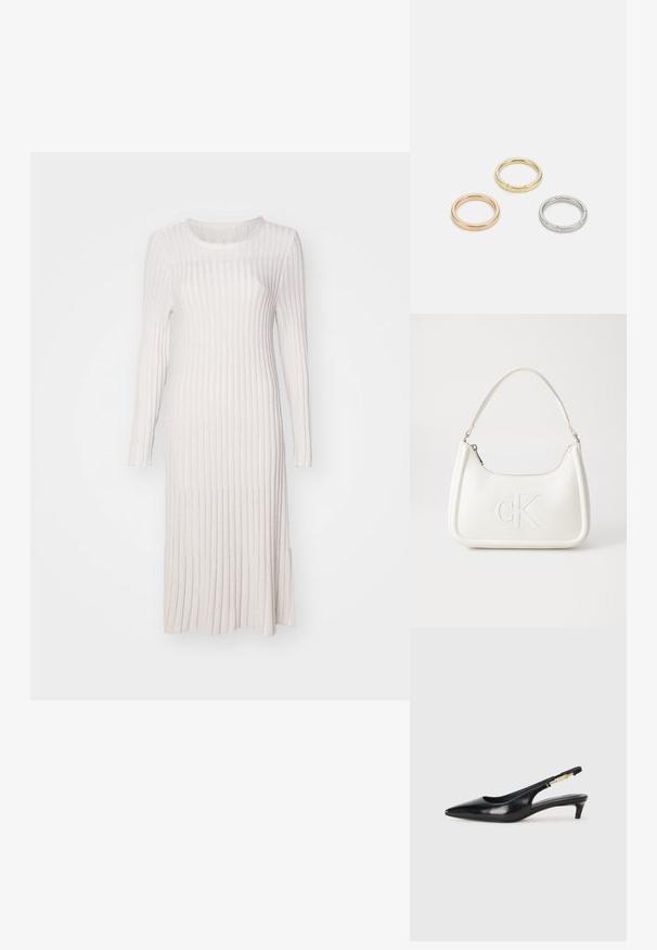 Dlhé, rebrovo pletené šaty v svetlej béžovej farbe. Majú okrúhly výstrih, dlhé rukávy a bočné rozparky pre ľahký pohyb.; Čierne kožené slingback opätky s špicatou špičkou, s úzkym opätkom a zlatým detailom na nastaviteľnom remienku. Hladká textúra.; Biela kožená kabelka s zakriveným tvarom, na prednej strane s embosovaným logom "CK" a jedným ramenným popruhom. Zipsové zapínanie navrchu.; Triumf kovových prsteňov: jeden v ružovom zlate, jeden zlatý s textúrovanými akcentmi a jeden strieborný, všetky s gravírovaným logom na vnútornej strane.