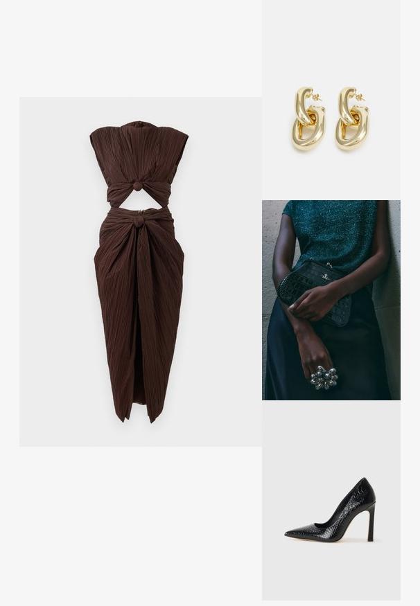 Vestido castanho pregueado com uma seção recortada na cintura, apresentando um design atado nos ombros e na parte inferior da cintura, com uma silhueta estruturada.; Sapato de salto alto de bico fino preto com textura de pele de crocodilo, apresentando um design elegante, salto agulha alto e interior preto suave.; Clutch bag preta com padrão de crocodilo e acessórios em prata, sostenida contra um fundo cinza texturizado. Apresenta uma superfície brilhante.; Rabanne XL LINK  DOUBLE HOOP EARRINGS - Brincos - gold-coloured