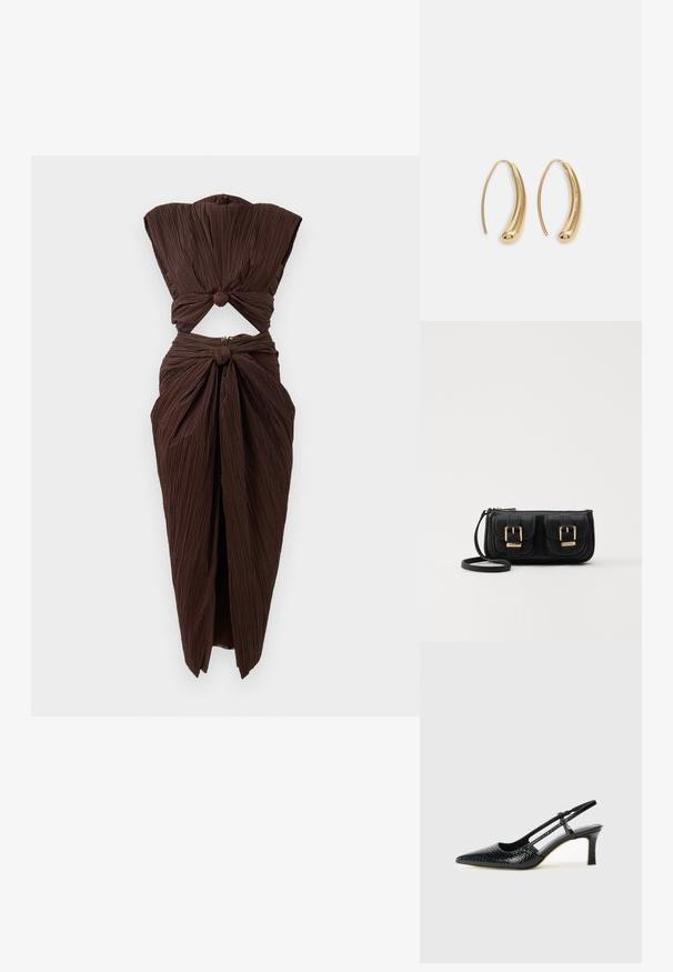 Robe plissée marron avec une section découpée à la taille, design noué aux épaules et à la taille inférieure, silhouette structurée.; Escarpin slingback en vernis noir avec un bout pointu, présentant un imprimé serpent texturé, une sangle réglable et un petit talon bloc texturé.; Sac en cuir noir porté en travers avec deux poches avant, boucles dorées, fermeture zippée et une sangle fine. Surface texturée et forme rectangulaire compacte.; Boucles d'oreilles en métal doré en forme d'anneau, avec une forme courbée et allongée. Elles présentent une surface lisse et brillante avec une pointe arrondie pour un détail supplémentaire.