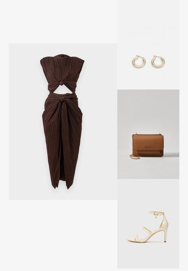 Pruun plisseeritud kleit, millel on lõikeosa taljel, sõlmeseade õlgadel ja madalamal taljel, struktureeritud siluett.; Bežid kõrge kontsaga sandaalid koos õhukese pahkluu rihmaga ja kahe ülemise rihmaga. Läikiv lakkviimistlus ja kuldne detail pahkluurihmadel.; Pruun tekstureeritud nahk ristkeha kott kuldse ahelaga rihmaga ja klapiga sulgemine. Esiküljel on logo detail ja tasku klapi all.; Lauren Ralph Lauren BASIC SMALL HOOP - Kõrvarõngad - gold-coloured