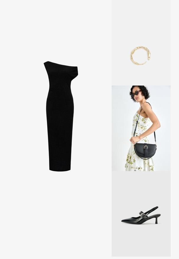 Asimetrična črna obleka brez naramnic. Prijeten kroj z teksturirano tkanino in gladkim zaključkom. Oblika do kolen.; Črne patent usnjene slingback pete s koničastim nosom in majhnim blok peto, ki vključujejo srebrno zaponko na traku.; Črna usnjena torbica s ukrivljeno obliko, z odstranljivo naramnico in zlatimi dodatki. Torbica ima pokrov s podrobnostmi v obliki zaponke.; Zlati prstan s organskim, zvitim dizajnom, gladko površino in taperiranimi konci, ki ustvarja modernega, skulpturalnega videza.
