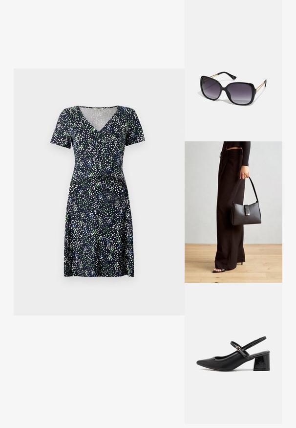 Šaty s krátkým rukávem v námořnické modři s vícebarevným tečkovaným vzorem. Mají véčkový výstřih a přiléhavý pas, vyrobené z lehkého materiálu.; Černé lakované lodičky s otevřenou patou, špičatou špičkou, zaobleným střihem a blokovým podpatkem. Zdobené akcentem v zlatém tónu.; Černé oversized sluneční brýle se gradientními skly, silnými rámy a zlatými řetízkovými detaily na nožičkách.; Černá kabelka se strukturovaným tvarem, hladkým povrchem a kovovým uzávěrem. Kombinována s širokými černými kalhotami a sandály s otevřenou špičkou na dřevěné podlaze.